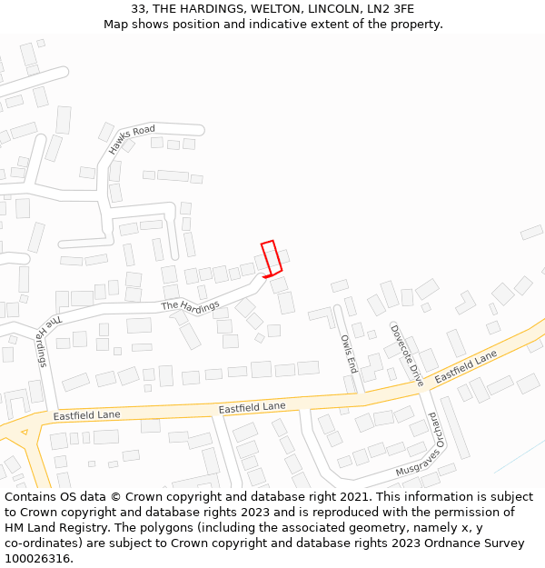 33, THE HARDINGS, WELTON, LINCOLN, LN2 3FE: Location map and indicative extent of plot