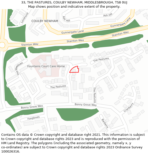 33, THE PASTURES, COULBY NEWHAM, MIDDLESBROUGH, TS8 0UJ: Location map and indicative extent of plot