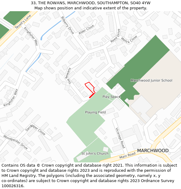 33, THE ROWANS, MARCHWOOD, SOUTHAMPTON, SO40 4YW: Location map and indicative extent of plot