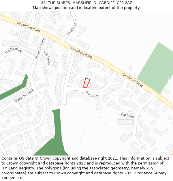 33, THE SHIRES, MARSHFIELD, CARDIFF, CF3 2AZ: Location map and indicative extent of plot