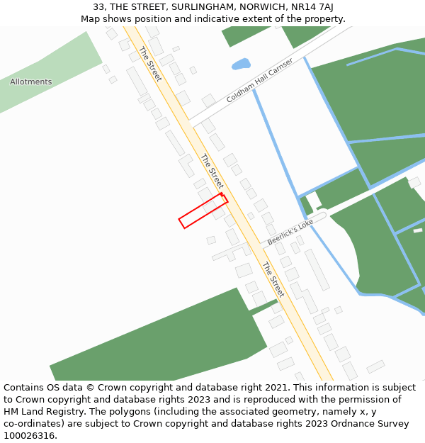 33, THE STREET, SURLINGHAM, NORWICH, NR14 7AJ: Location map and indicative extent of plot