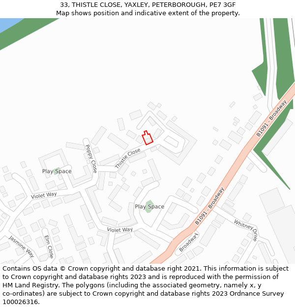 33, THISTLE CLOSE, YAXLEY, PETERBOROUGH, PE7 3GF: Location map and indicative extent of plot