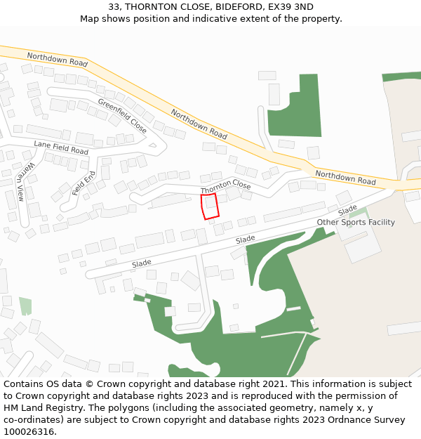 33, THORNTON CLOSE, BIDEFORD, EX39 3ND: Location map and indicative extent of plot