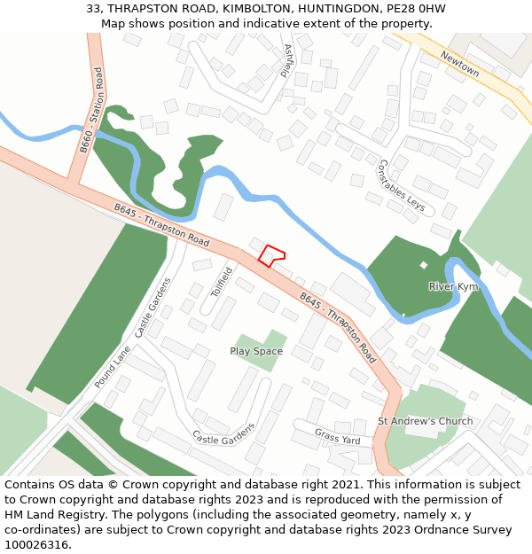 33, THRAPSTON ROAD, KIMBOLTON, HUNTINGDON, PE28 0HW: Location map and indicative extent of plot