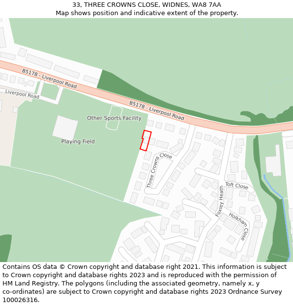 33, THREE CROWNS CLOSE, WIDNES, WA8 7AA: Location map and indicative extent of plot