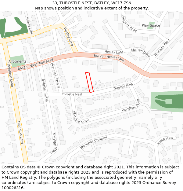 33, THROSTLE NEST, BATLEY, WF17 7SN: Location map and indicative extent of plot