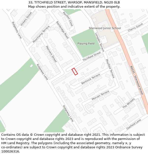 33, TITCHFIELD STREET, WARSOP, MANSFIELD, NG20 0LB: Location map and indicative extent of plot