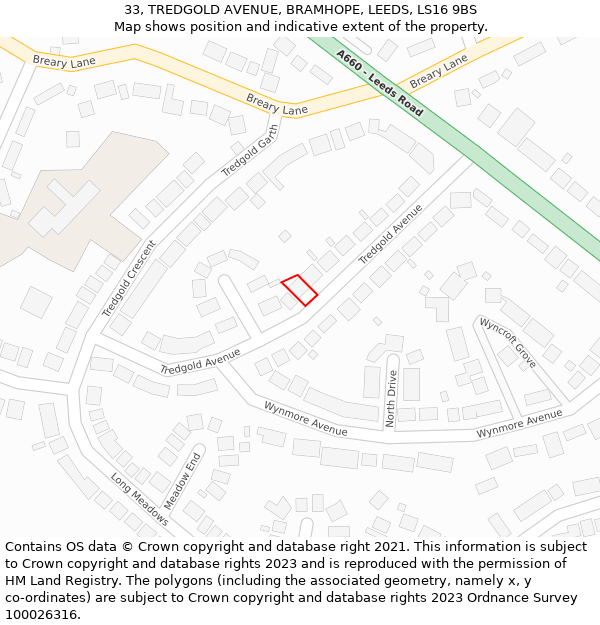 33, TREDGOLD AVENUE, BRAMHOPE, LEEDS, LS16 9BS: Location map and indicative extent of plot