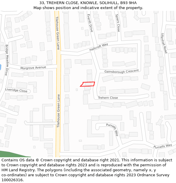 33, TREHERN CLOSE, KNOWLE, SOLIHULL, B93 9HA: Location map and indicative extent of plot