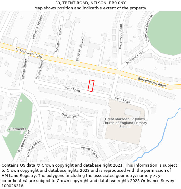 33, TRENT ROAD, NELSON, BB9 0NY: Location map and indicative extent of plot