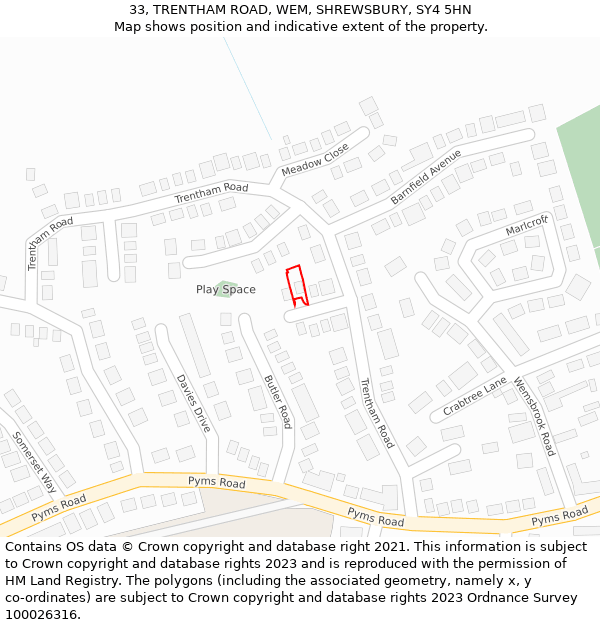 33, TRENTHAM ROAD, WEM, SHREWSBURY, SY4 5HN: Location map and indicative extent of plot