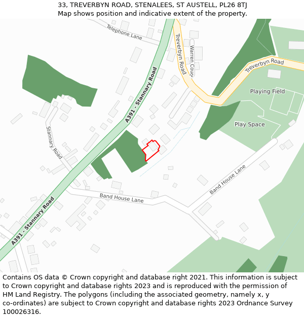 33, TREVERBYN ROAD, STENALEES, ST AUSTELL, PL26 8TJ: Location map and indicative extent of plot