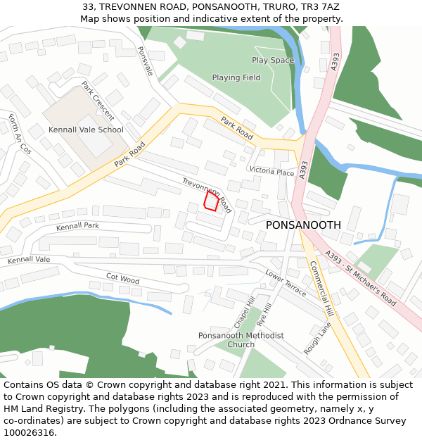 33, TREVONNEN ROAD, PONSANOOTH, TRURO, TR3 7AZ: Location map and indicative extent of plot