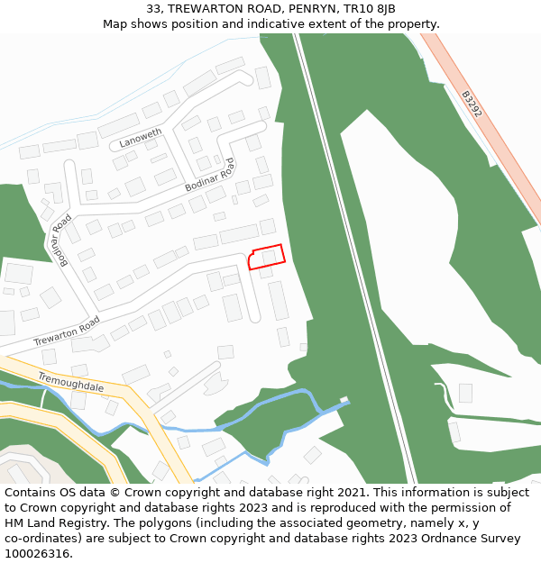 33, TREWARTON ROAD, PENRYN, TR10 8JB: Location map and indicative extent of plot