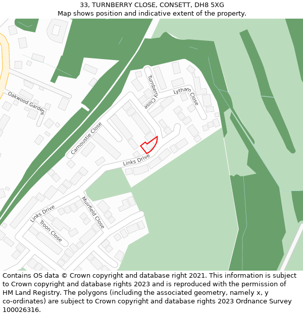 33, TURNBERRY CLOSE, CONSETT, DH8 5XG: Location map and indicative extent of plot