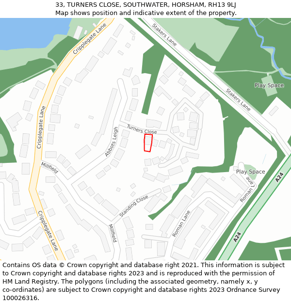 33, TURNERS CLOSE, SOUTHWATER, HORSHAM, RH13 9LJ: Location map and indicative extent of plot