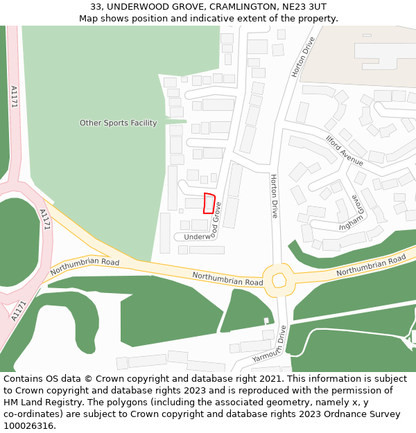 33, UNDERWOOD GROVE, CRAMLINGTON, NE23 3UT: Location map and indicative extent of plot