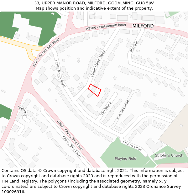 33, UPPER MANOR ROAD, MILFORD, GODALMING, GU8 5JW: Location map and indicative extent of plot