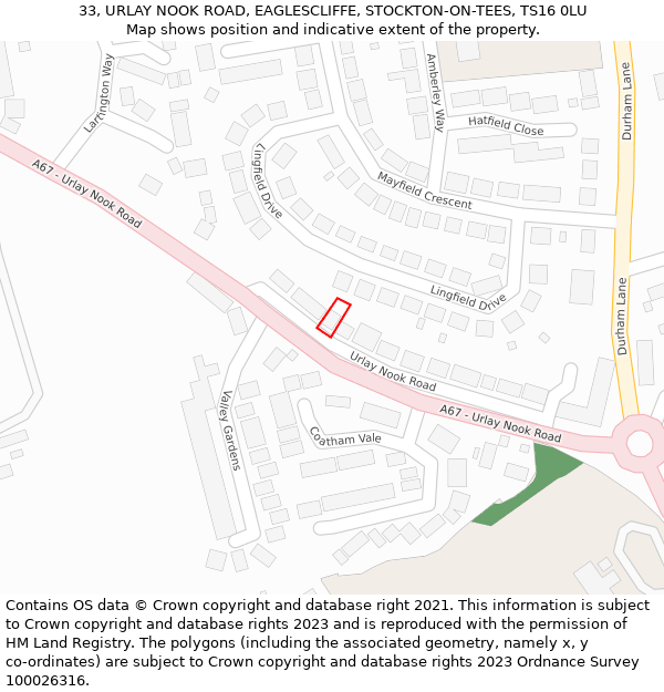 33, URLAY NOOK ROAD, EAGLESCLIFFE, STOCKTON-ON-TEES, TS16 0LU: Location map and indicative extent of plot