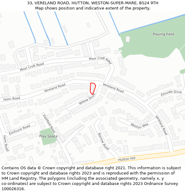 33, VERELAND ROAD, HUTTON, WESTON-SUPER-MARE, BS24 9TH: Location map and indicative extent of plot