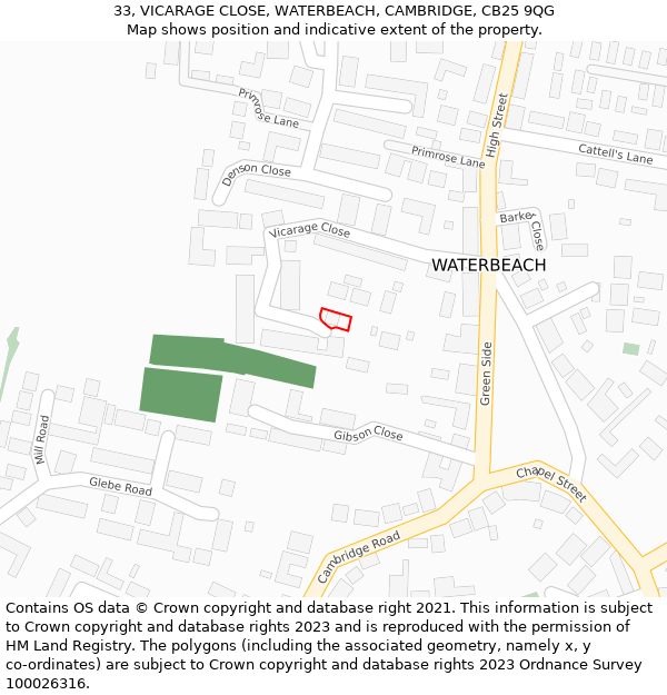 33, VICARAGE CLOSE, WATERBEACH, CAMBRIDGE, CB25 9QG: Location map and indicative extent of plot