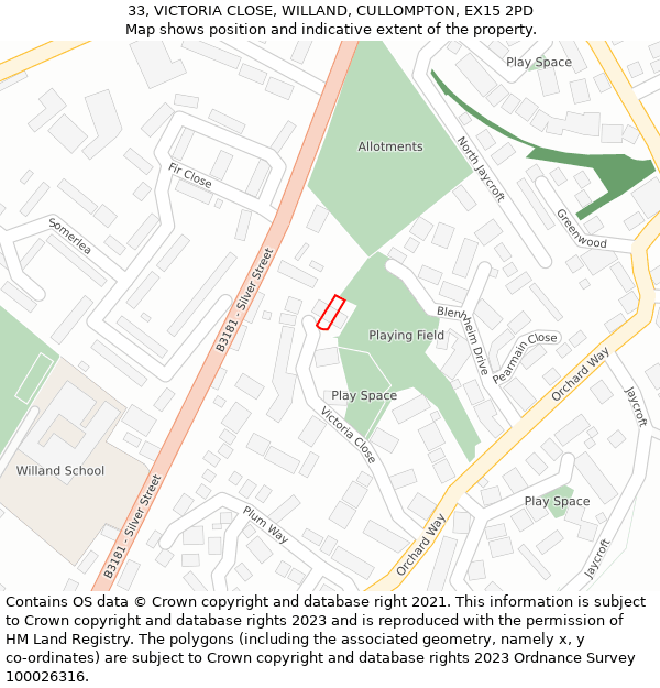 33, VICTORIA CLOSE, WILLAND, CULLOMPTON, EX15 2PD: Location map and indicative extent of plot