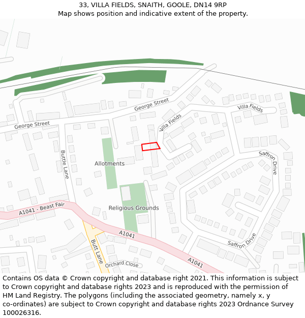 33, VILLA FIELDS, SNAITH, GOOLE, DN14 9RP: Location map and indicative extent of plot