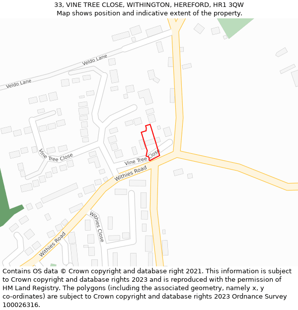 33, VINE TREE CLOSE, WITHINGTON, HEREFORD, HR1 3QW: Location map and indicative extent of plot