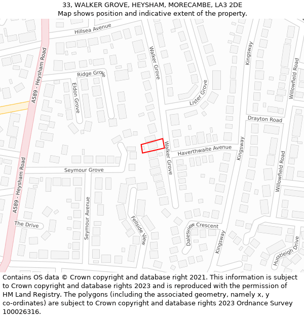 33, WALKER GROVE, HEYSHAM, MORECAMBE, LA3 2DE: Location map and indicative extent of plot