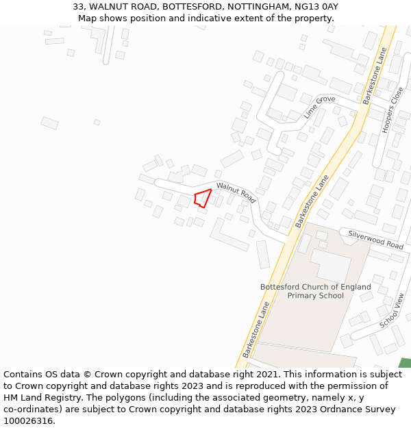 33, WALNUT ROAD, BOTTESFORD, NOTTINGHAM, NG13 0AY: Location map and indicative extent of plot