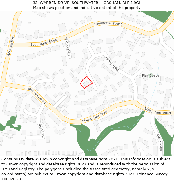 33, WARREN DRIVE, SOUTHWATER, HORSHAM, RH13 9GL: Location map and indicative extent of plot