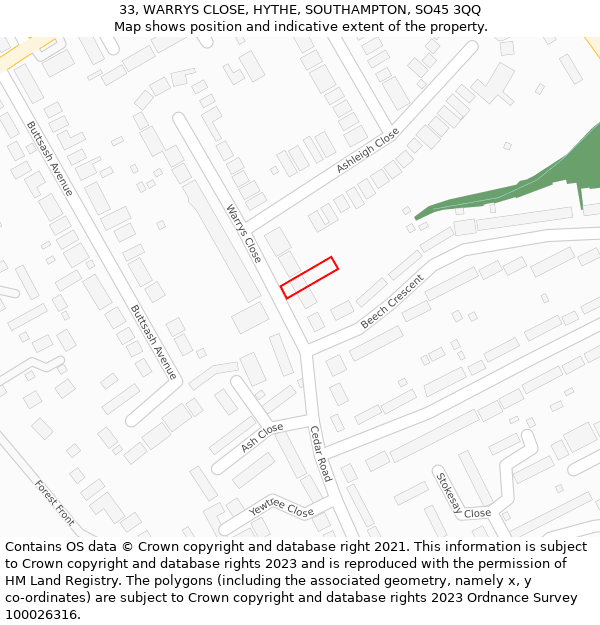 33, WARRYS CLOSE, HYTHE, SOUTHAMPTON, SO45 3QQ: Location map and indicative extent of plot