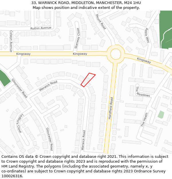 33, WARWICK ROAD, MIDDLETON, MANCHESTER, M24 1HU: Location map and indicative extent of plot