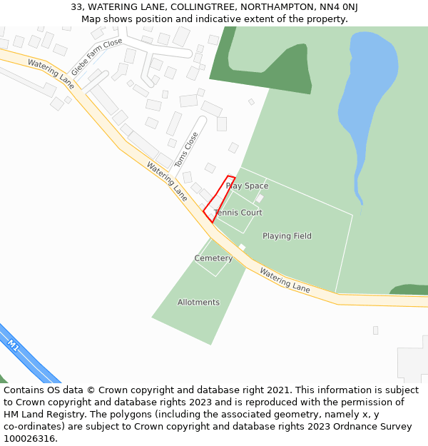 33, WATERING LANE, COLLINGTREE, NORTHAMPTON, NN4 0NJ: Location map and indicative extent of plot