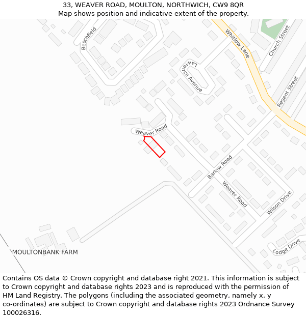 33, WEAVER ROAD, MOULTON, NORTHWICH, CW9 8QR: Location map and indicative extent of plot