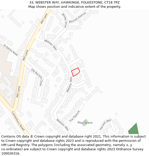 33, WEBSTER WAY, HAWKINGE, FOLKESTONE, CT18 7PZ: Location map and indicative extent of plot