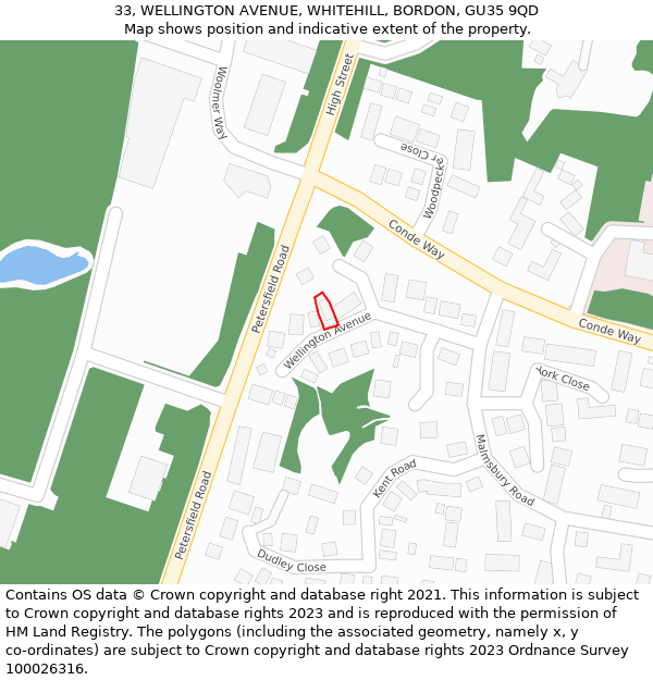 33, WELLINGTON AVENUE, WHITEHILL, BORDON, GU35 9QD: Location map and indicative extent of plot