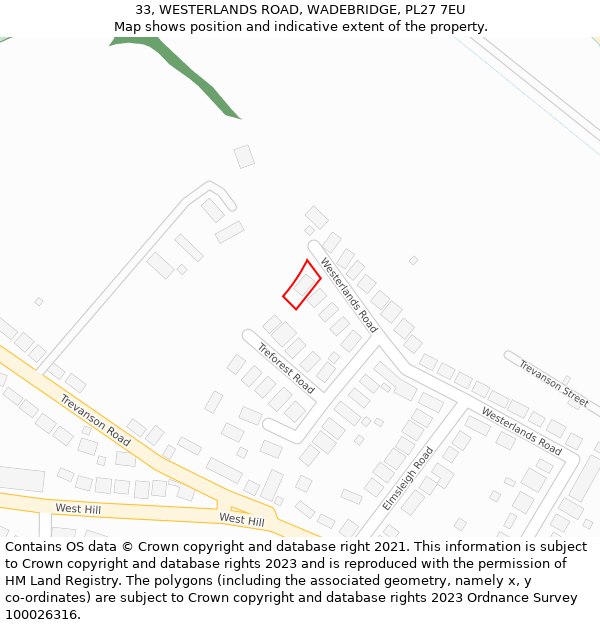 33, WESTERLANDS ROAD, WADEBRIDGE, PL27 7EU: Location map and indicative extent of plot