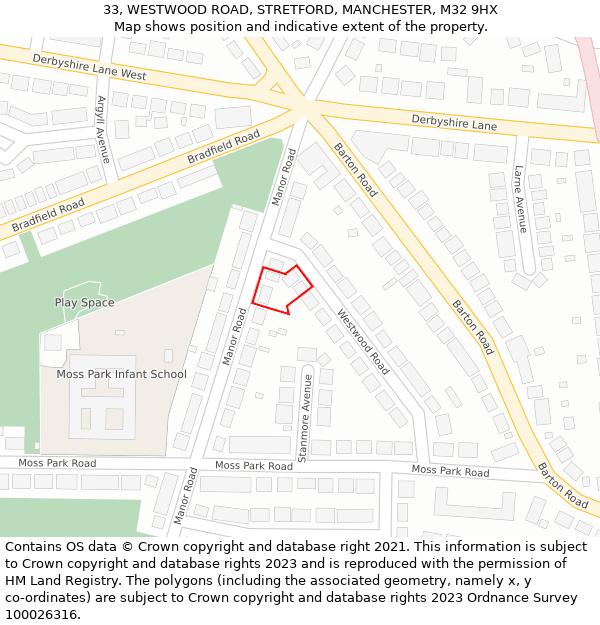 33, WESTWOOD ROAD, STRETFORD, MANCHESTER, M32 9HX: Location map and indicative extent of plot