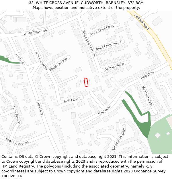 33, WHITE CROSS AVENUE, CUDWORTH, BARNSLEY, S72 8GA: Location map and indicative extent of plot
