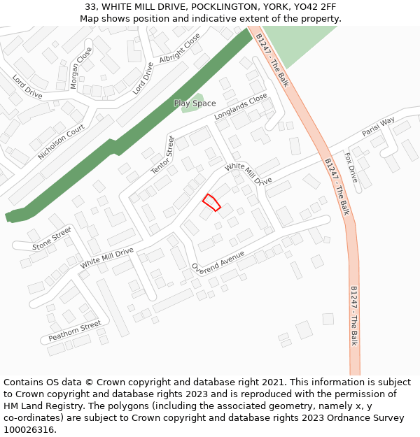 33, WHITE MILL DRIVE, POCKLINGTON, YORK, YO42 2FF: Location map and indicative extent of plot