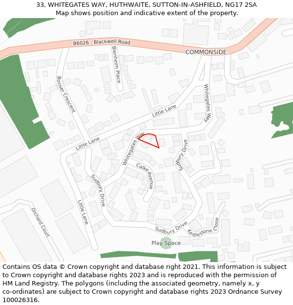 33, WHITEGATES WAY, HUTHWAITE, SUTTON-IN-ASHFIELD, NG17 2SA: Location map and indicative extent of plot