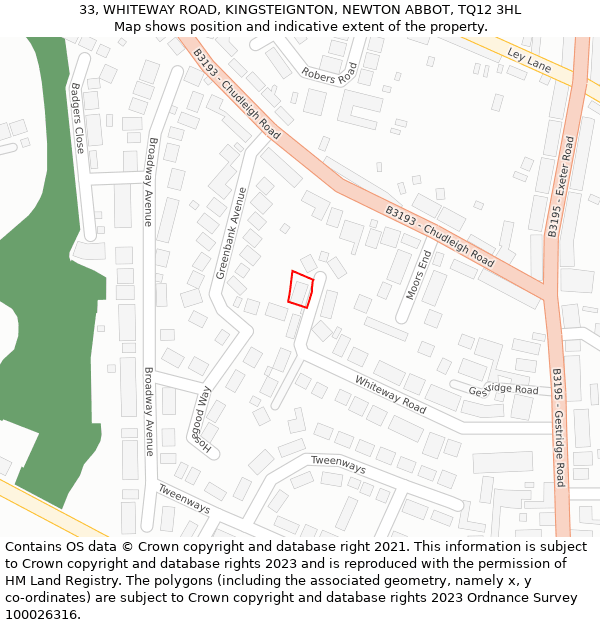 33, WHITEWAY ROAD, KINGSTEIGNTON, NEWTON ABBOT, TQ12 3HL: Location map and indicative extent of plot
