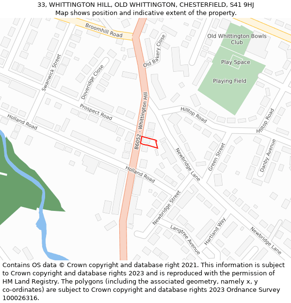 33, WHITTINGTON HILL, OLD WHITTINGTON, CHESTERFIELD, S41 9HJ: Location map and indicative extent of plot