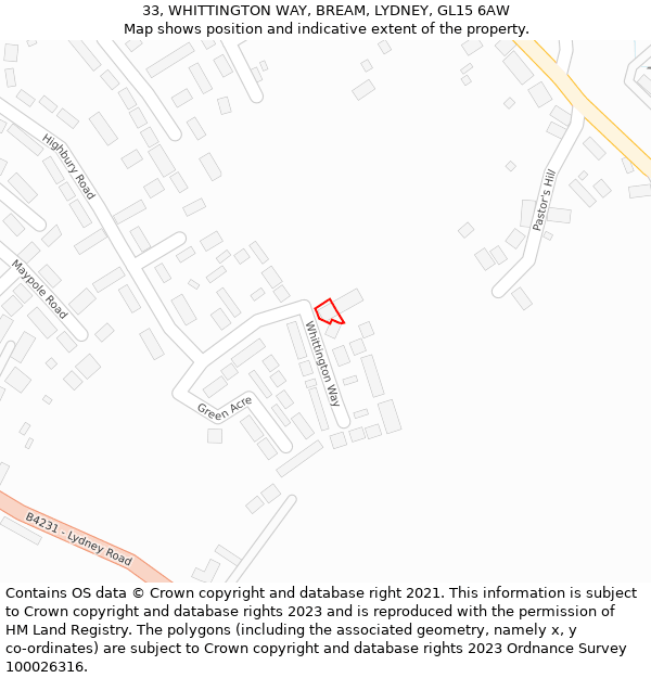 33, WHITTINGTON WAY, BREAM, LYDNEY, GL15 6AW: Location map and indicative extent of plot