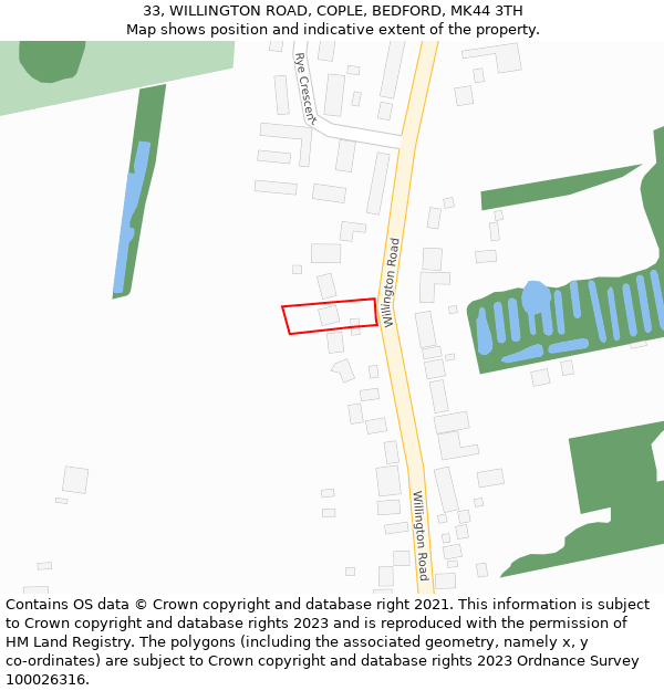 33, WILLINGTON ROAD, COPLE, BEDFORD, MK44 3TH: Location map and indicative extent of plot