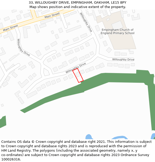 33, WILLOUGHBY DRIVE, EMPINGHAM, OAKHAM, LE15 8PY: Location map and indicative extent of plot