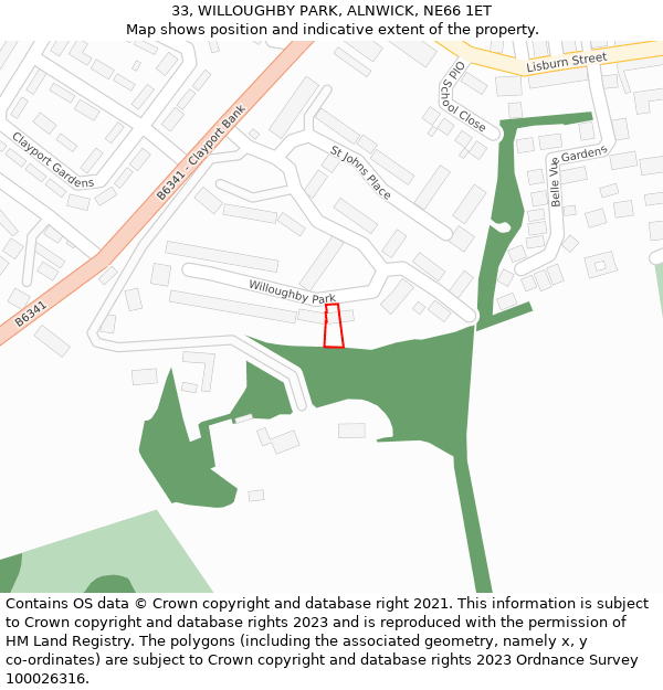 33, WILLOUGHBY PARK, ALNWICK, NE66 1ET: Location map and indicative extent of plot