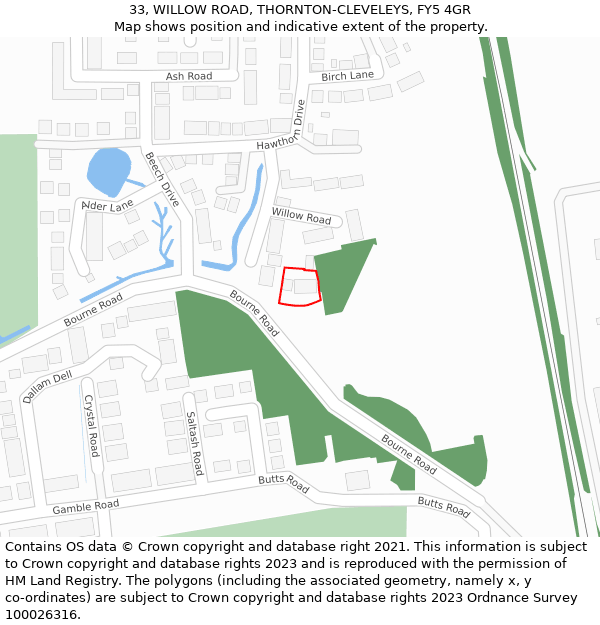 33, WILLOW ROAD, THORNTON-CLEVELEYS, FY5 4GR: Location map and indicative extent of plot