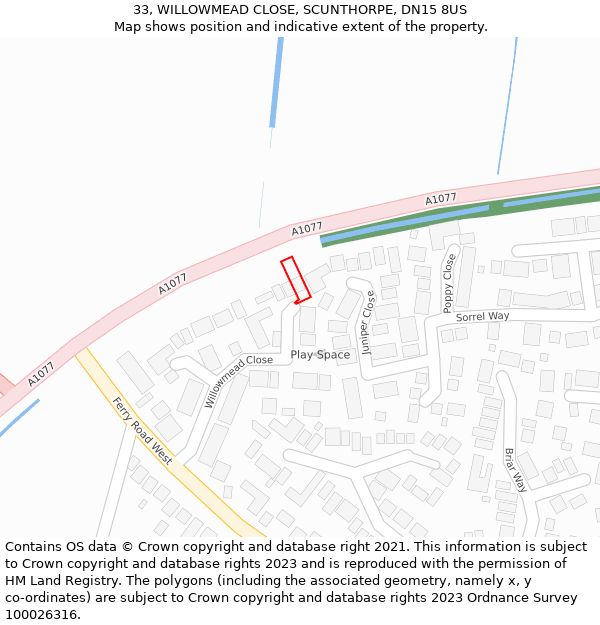 33, WILLOWMEAD CLOSE, SCUNTHORPE, DN15 8US: Location map and indicative extent of plot